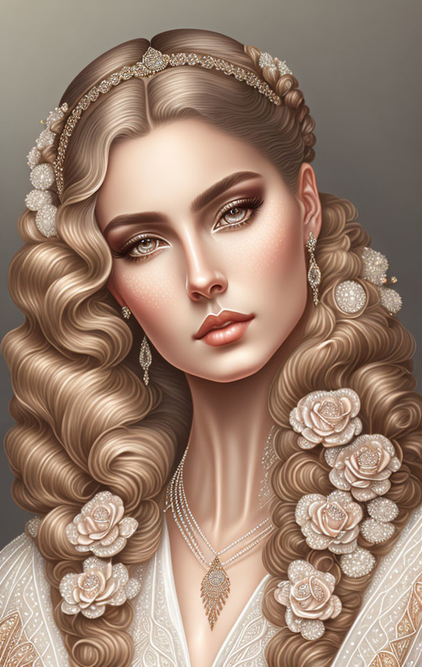 Digital illustration of woman with voluminous wavy hair, pearls, and floral accessories