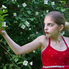 Young woman in red dress amidst green foliage, eyes closed, serene ambiance