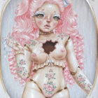 Gothic-style porcelain doll with pale skin, pink hair, blue eyes, red teardrop