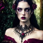 Person with dramatic purple makeup and teardrop details posing with dark roses and gothic necklace on green