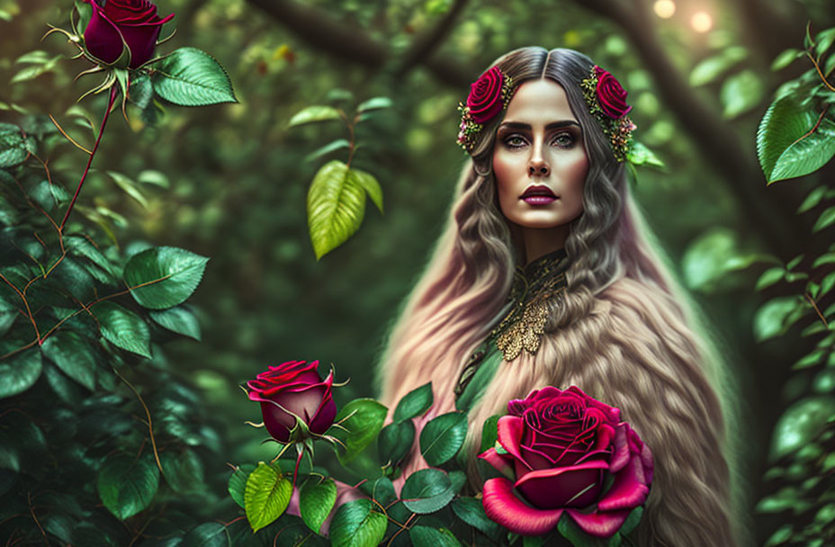 Woman with Striking Makeup and Floral Headpiece in Lush Greenery with Red Roses