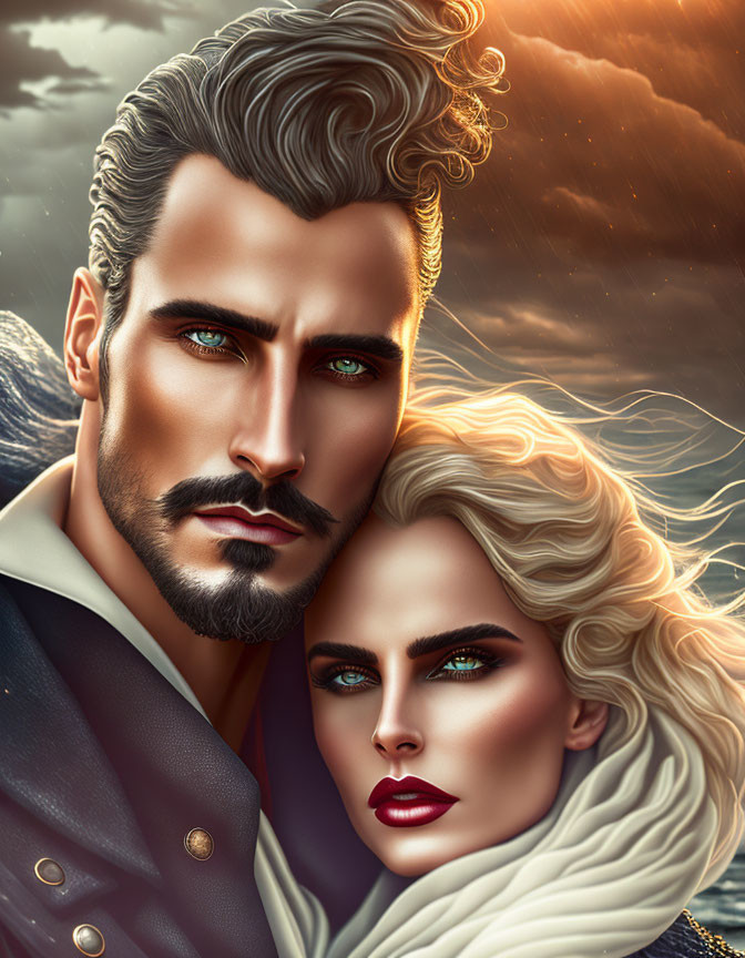 Stylized illustration of attractive couple with green eyes and flowing hair against amber sky