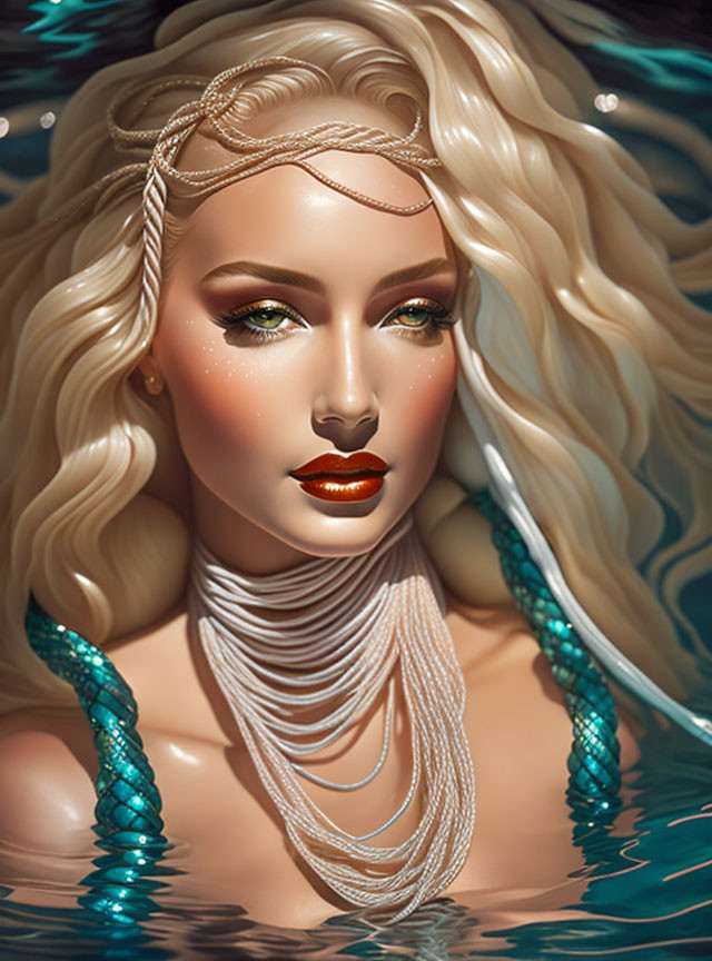 Digital artwork: Woman with golden hair, mermaid necklace, striking makeup, submerged in water