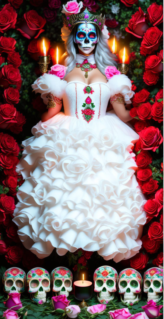 Person in white gown with sugar skull makeup, surrounded by Day of the Dead decor.