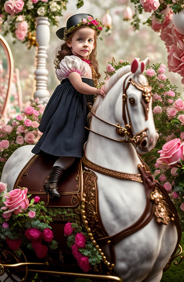 Young girl in vintage dress on carousel horse with floral headband and roses.