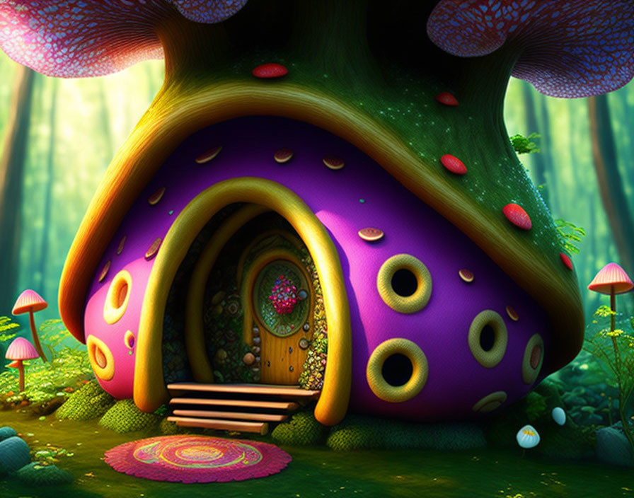 Colorful Mushroom House in Enchanted Forest Setting