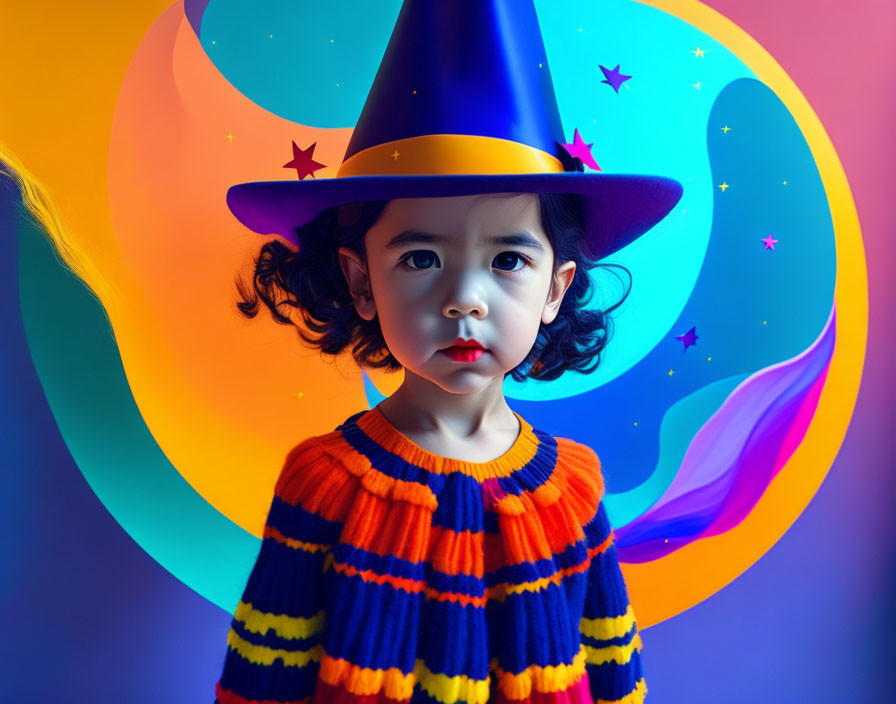 Child in Wizard Hat and Striped Sweater on Whimsical Background