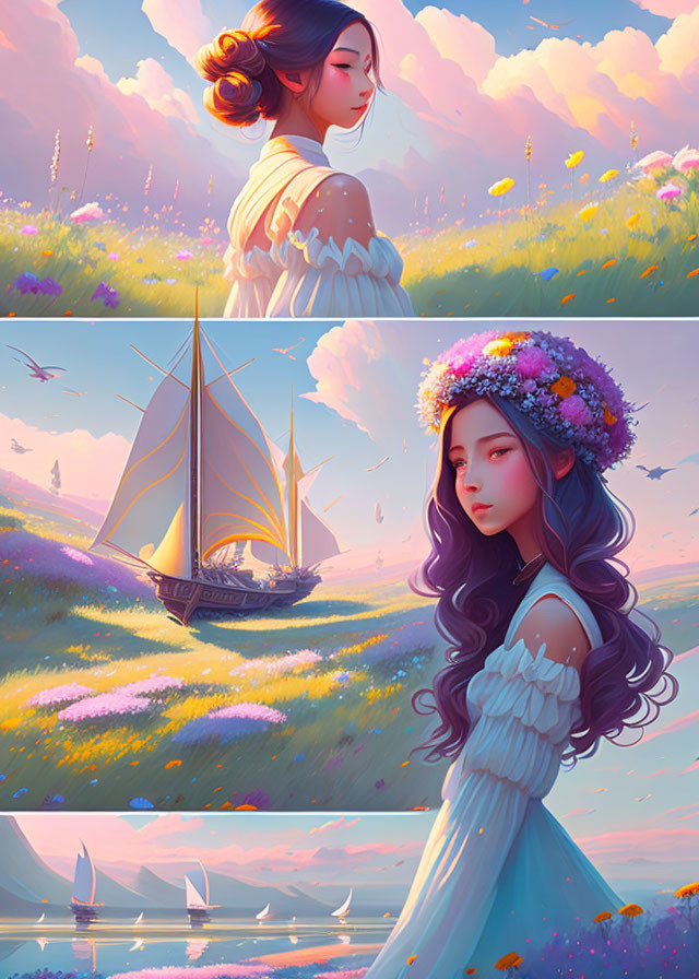 Triptych Illustration: Girl with Flower Crown in Dreamy Meadow and Sailboat on Tranquil