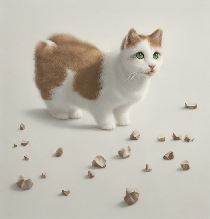 Realistic white and brown cat with green eyes in crumpled paper setting