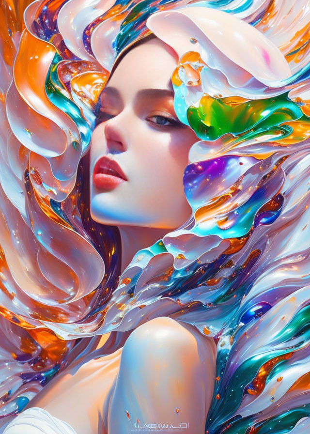 Colorful digital portrait of a woman with iridescent hair in orange, blue, and white.