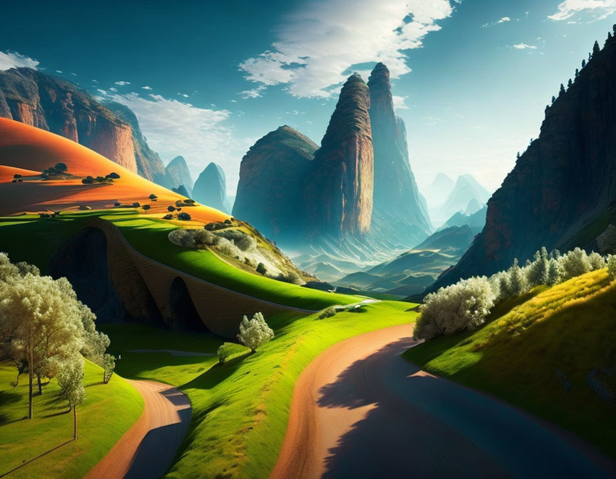 Surreal landscape with green hills, road, rock formations, dunes under clear sky