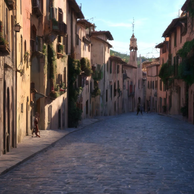 Pastel-colored buildings on cobblestone street in European village