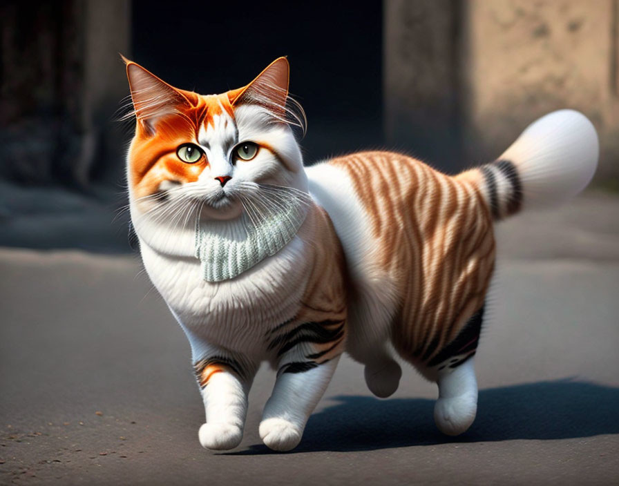 Realistic 3D-animated orange tabby cat with blue eyes in gray and white scarf