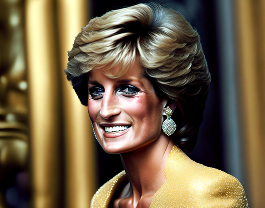 Smiling woman with short feathered hairstyle in golden outfit