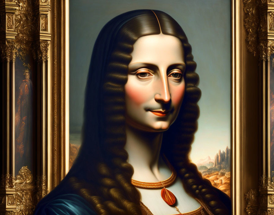 Exaggerated surreal Mona Lisa in detailed painting style