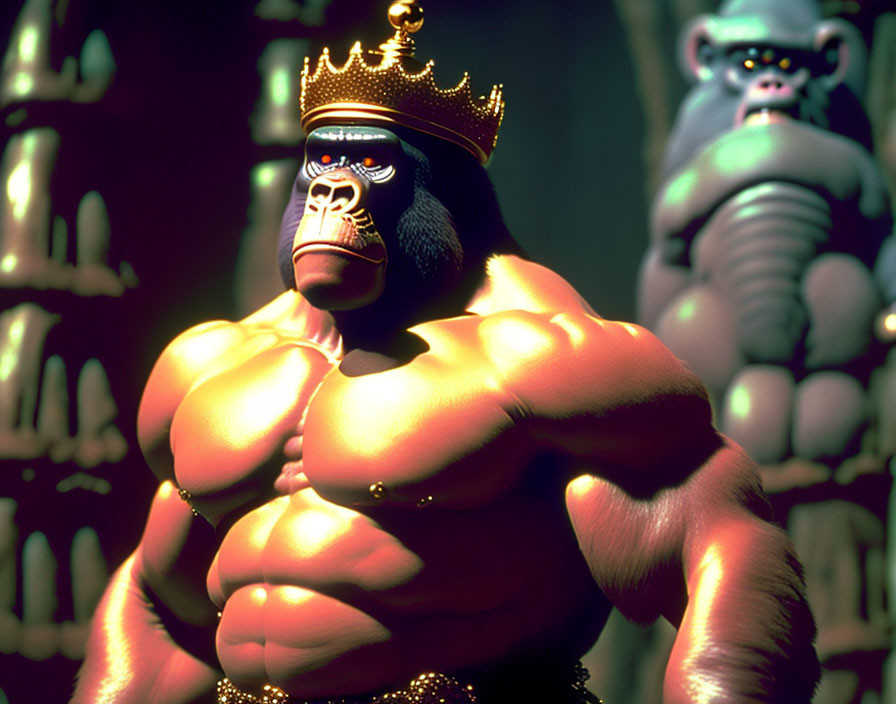 Muscular animated gorilla in crown with stern expression in cave setting.