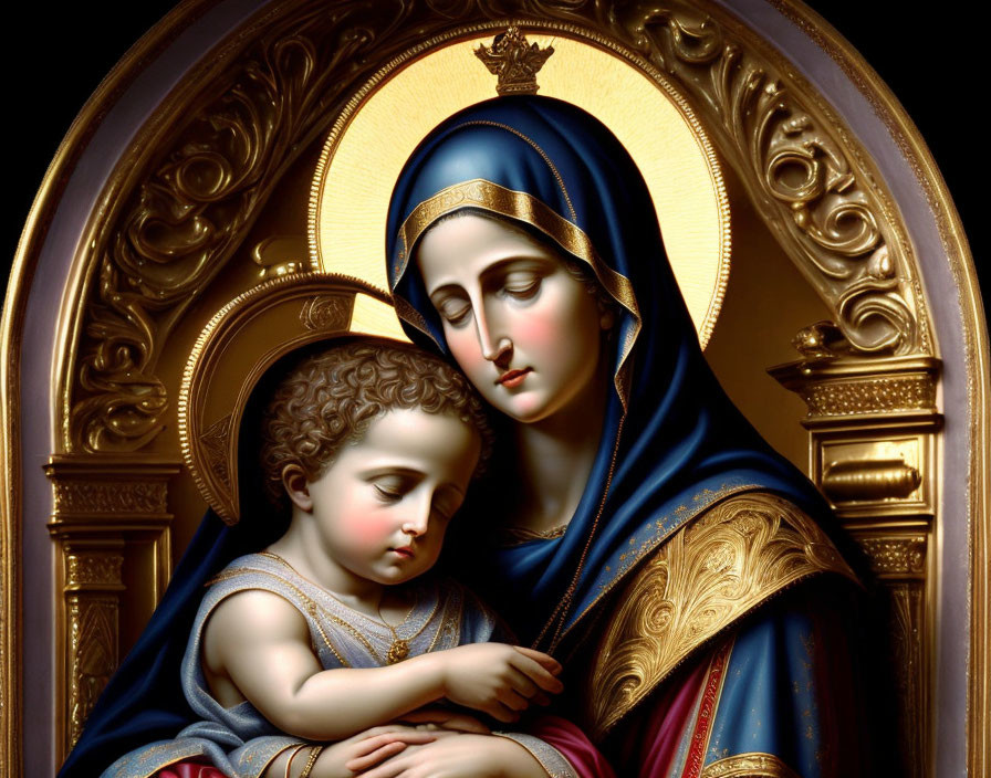 Religious icon of Virgin Mary holding infant Jesus in blue and gold robes