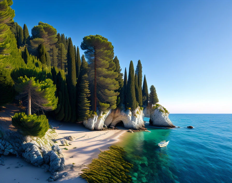 Tranquil beach scene with pine trees, cliffs, clear water, and boat