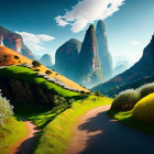 Surreal landscape with green hills, road, rock formations, dunes under clear sky