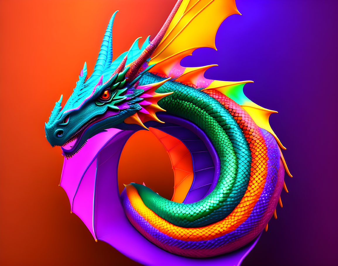 Vibrant serpentine dragon artwork in green, orange, and purple hues