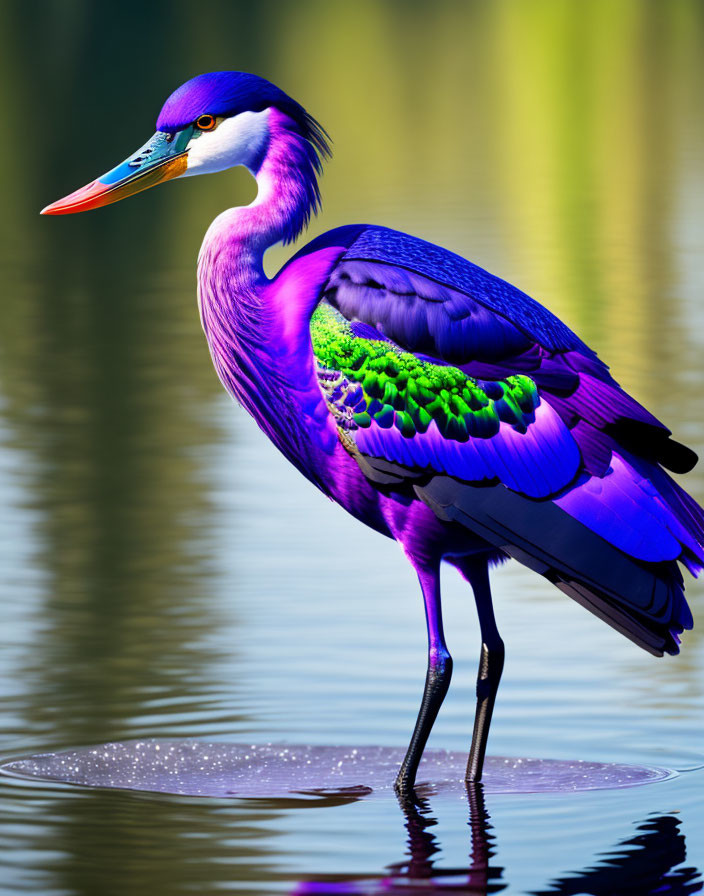Colorful Heron Standing in Water with Iridescent Feathers
