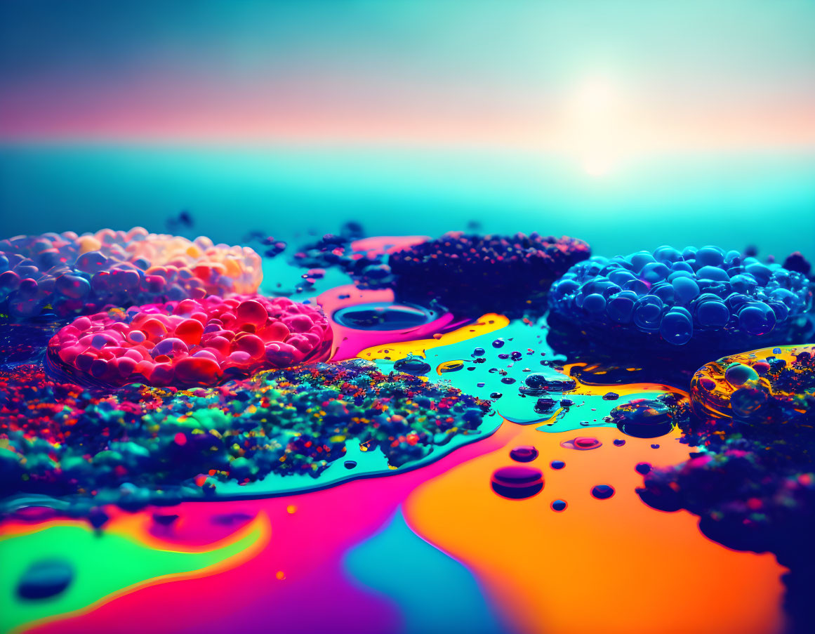 Vibrant clustered bubbles on liquid surface with rainbow hues and blurred sunset