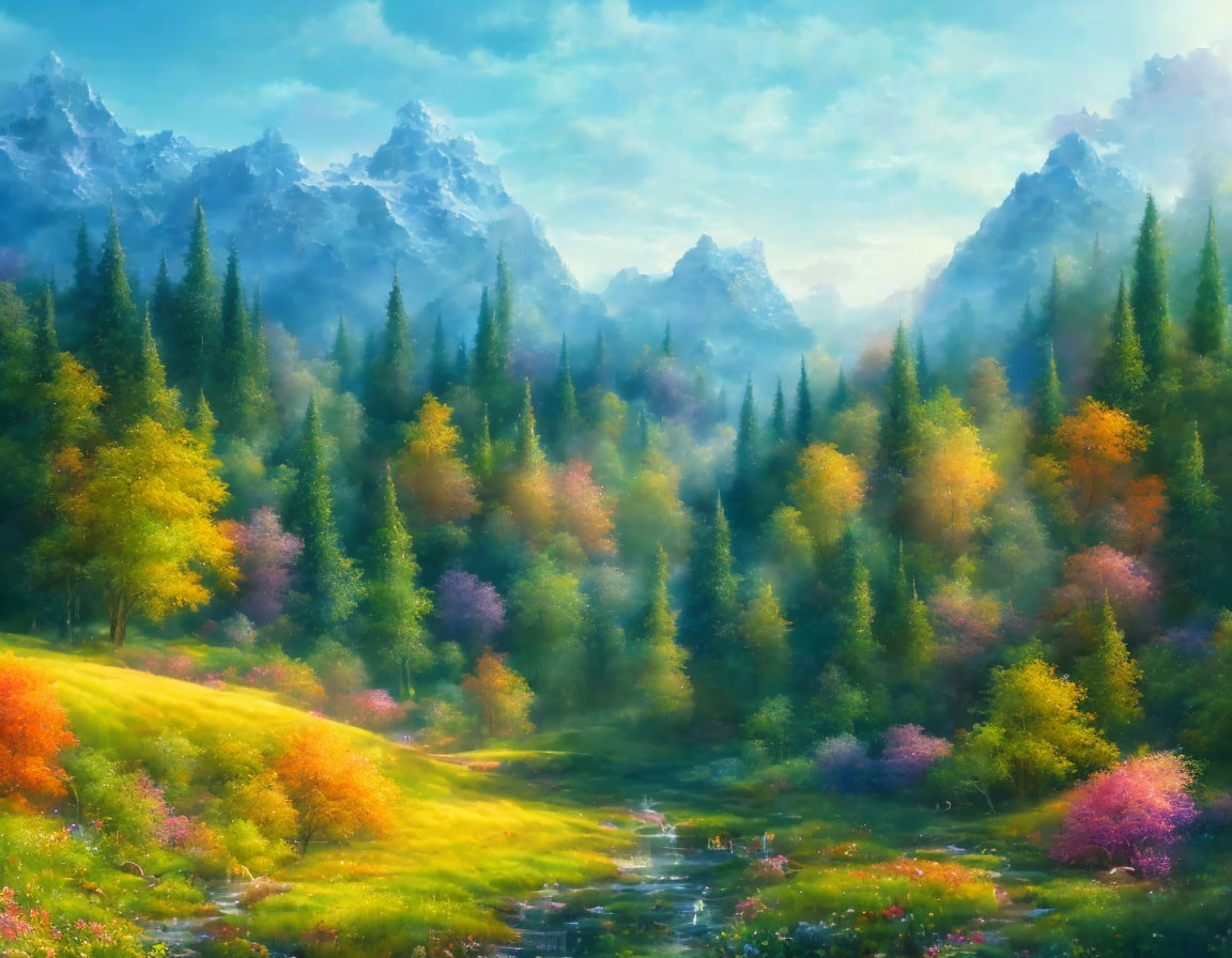 Colorful Sunlit Forest & Meadow with Misty Mountains