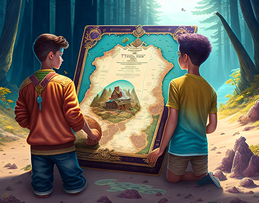 Two boys in forest with magical map showing fantasy castle landscape.