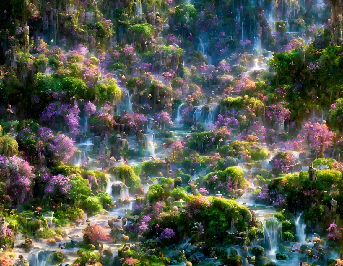 Fantasy landscape with lush greenery, purple flora, and cascading waterfalls