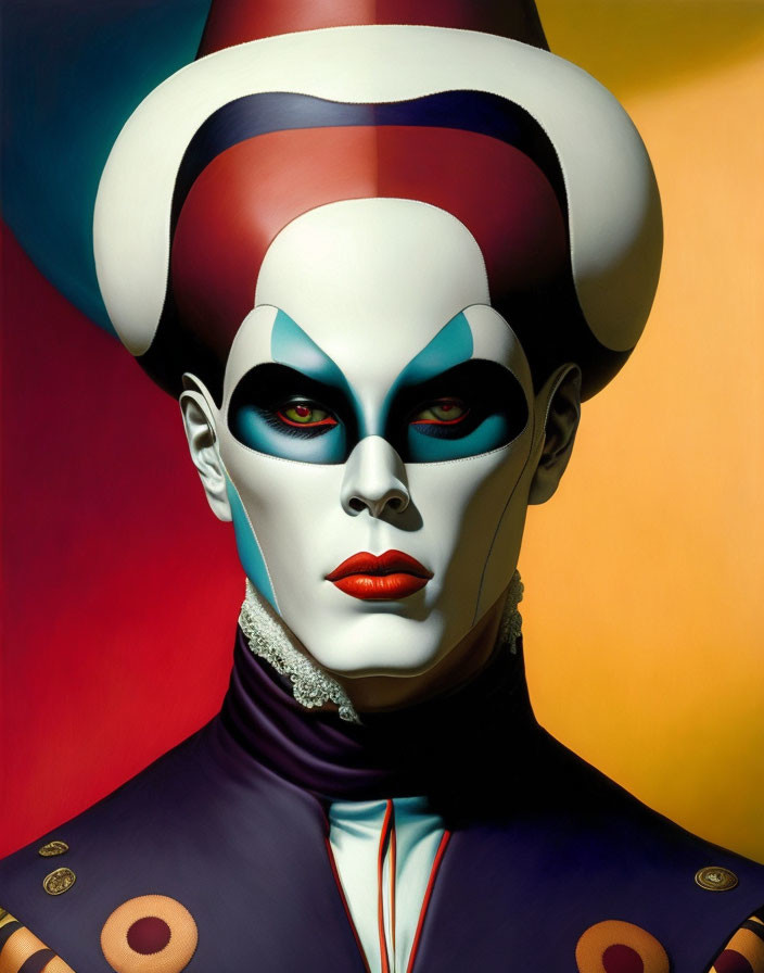 Colorful jester face makeup with red, blue, and white colors