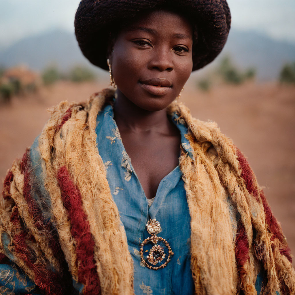 Serene woman in straw hat and blue shirt against blurred nature.