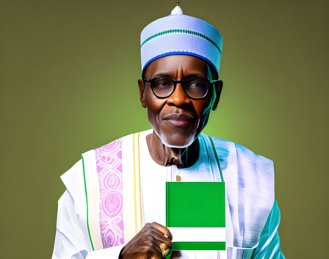 Elderly Man in Traditional African Outfit with Glasses and Book