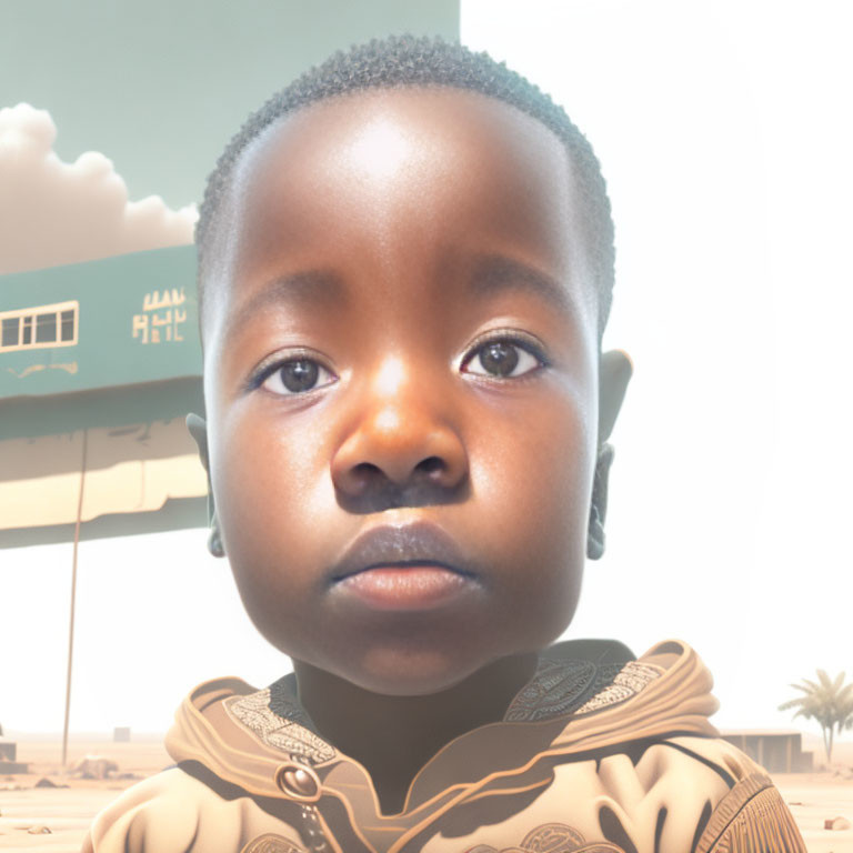 Young child with solemn expression and dark eyes in patterned garment against sandy background with Arabic script.