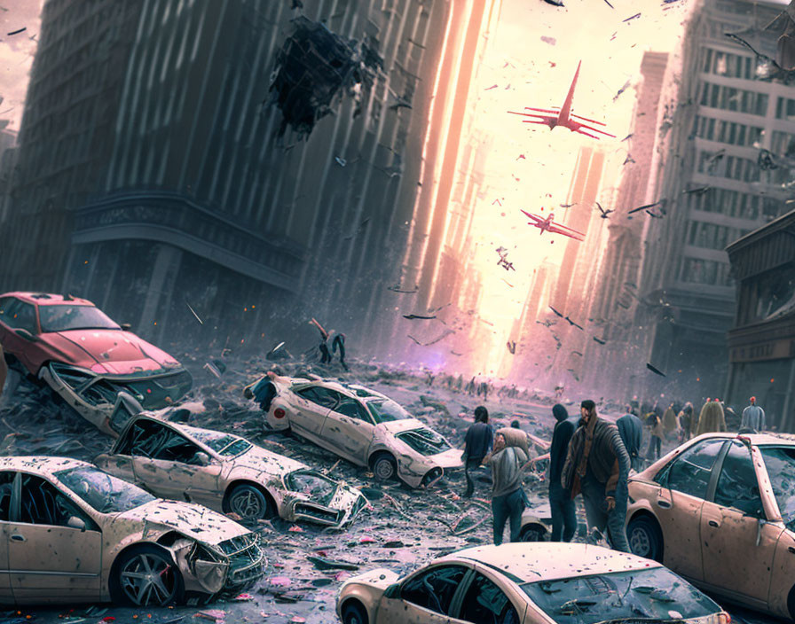 Dystopian urban landscape with damaged cars, flying vehicles, and beams of light.