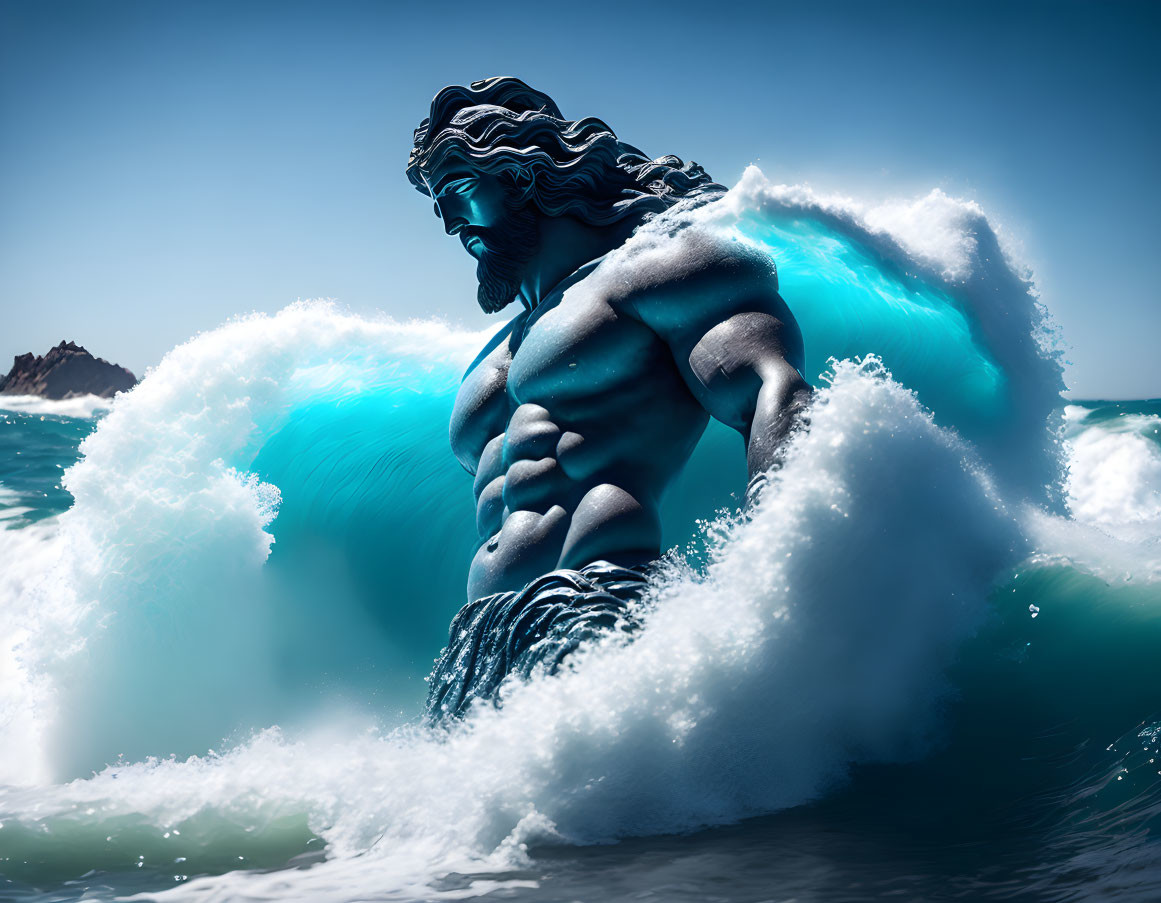 Blue-tinted muscular figure emerging from ocean waves symbolizes mythical sea entity