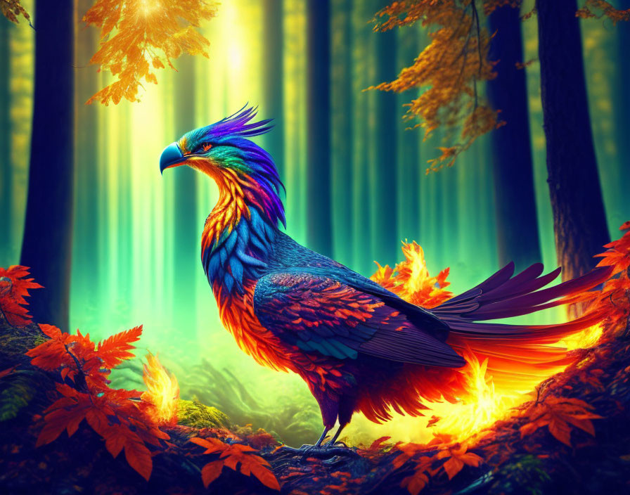 Colorful Bird in Sunlit Forest with Autumn Leaves