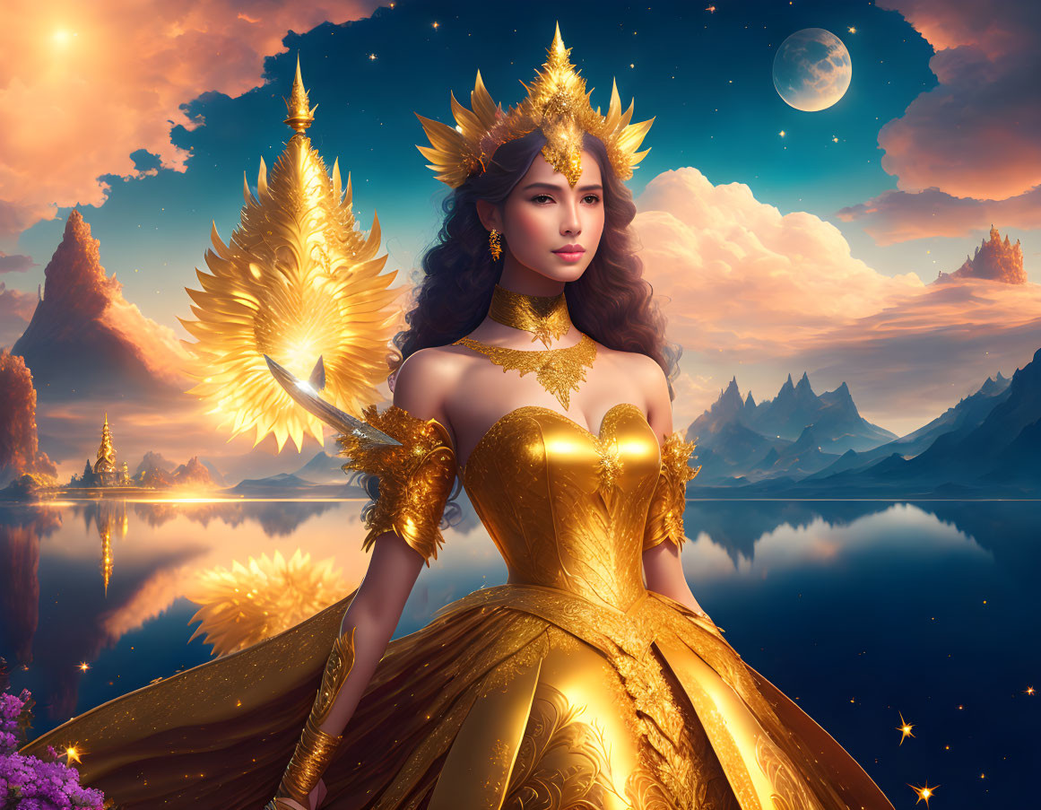 Regal woman in golden gown and crown by lake with mountains at twilight