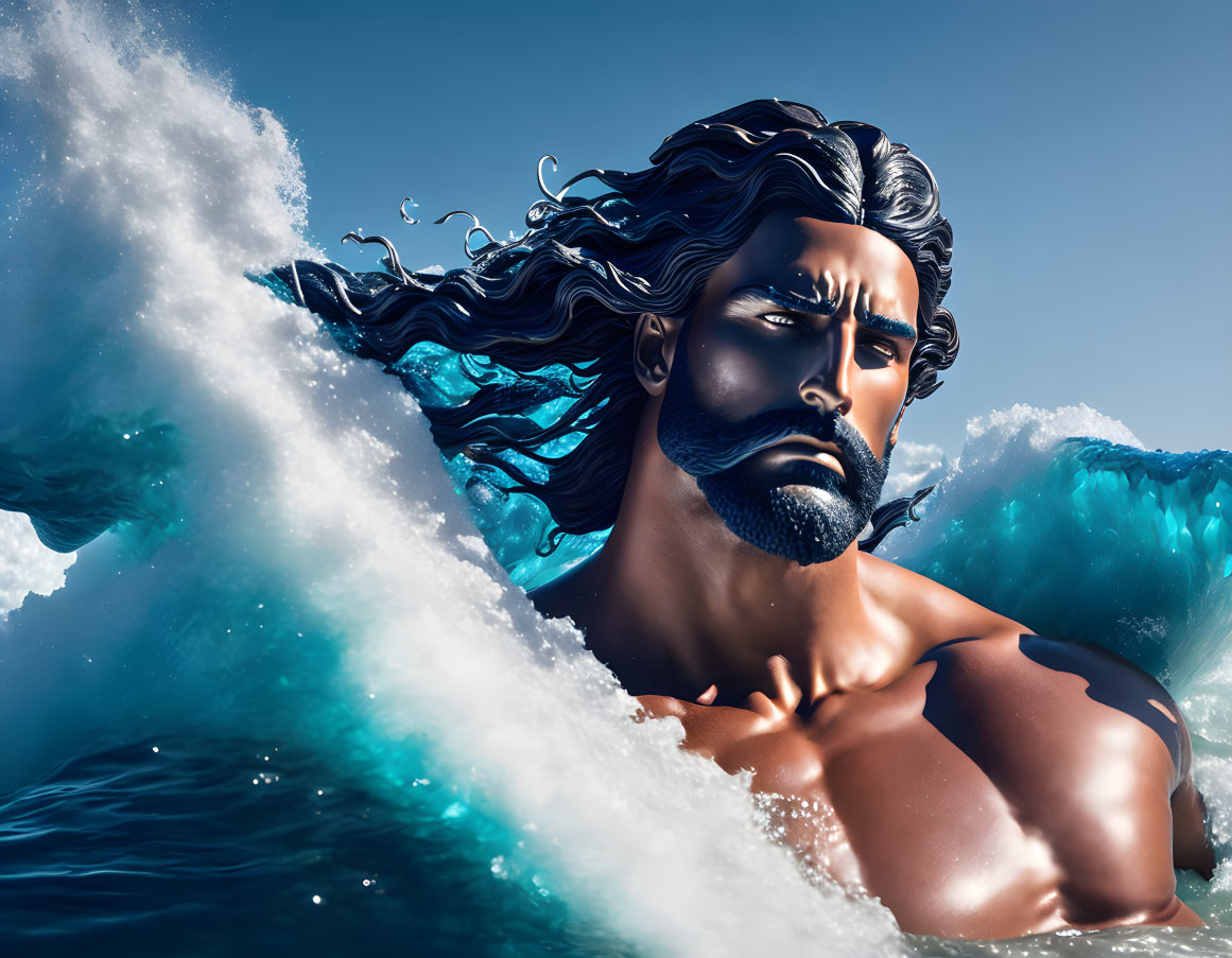 Muscular animated male with flowing black hair emerges from turbulent ocean waves