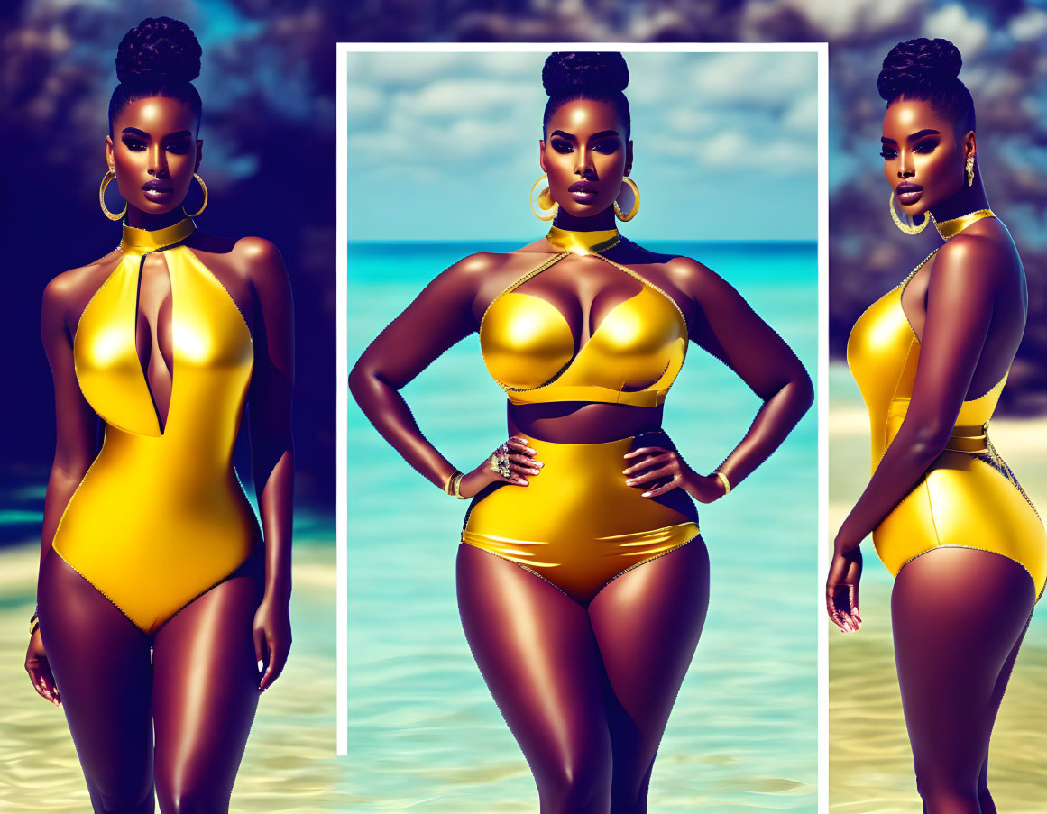 Stylized woman in yellow swimsuit on beach triptych