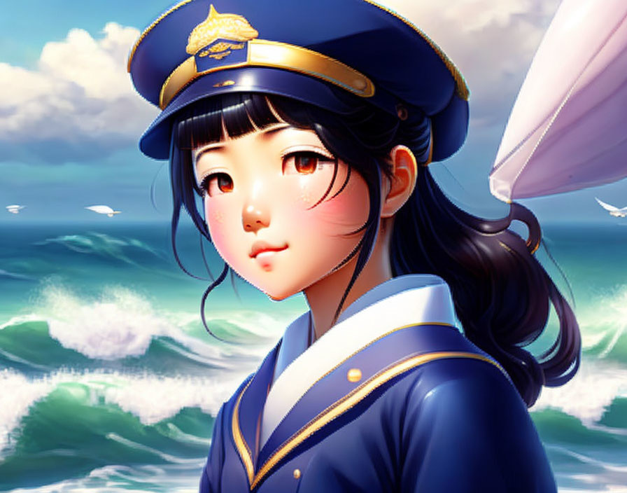 Cartoon character in captain's hat and blue uniform by ocean waves with umbrella and seagulls.