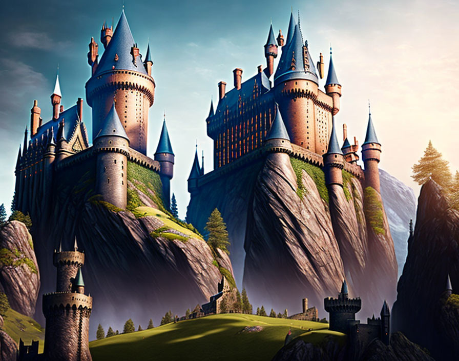 Majestic fantasy castle with multiple spires on steep cliffs at twilight