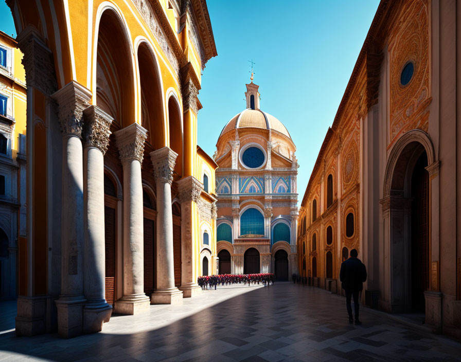 Sunlit courtyard with arched corridors and central dome, bustling with people.