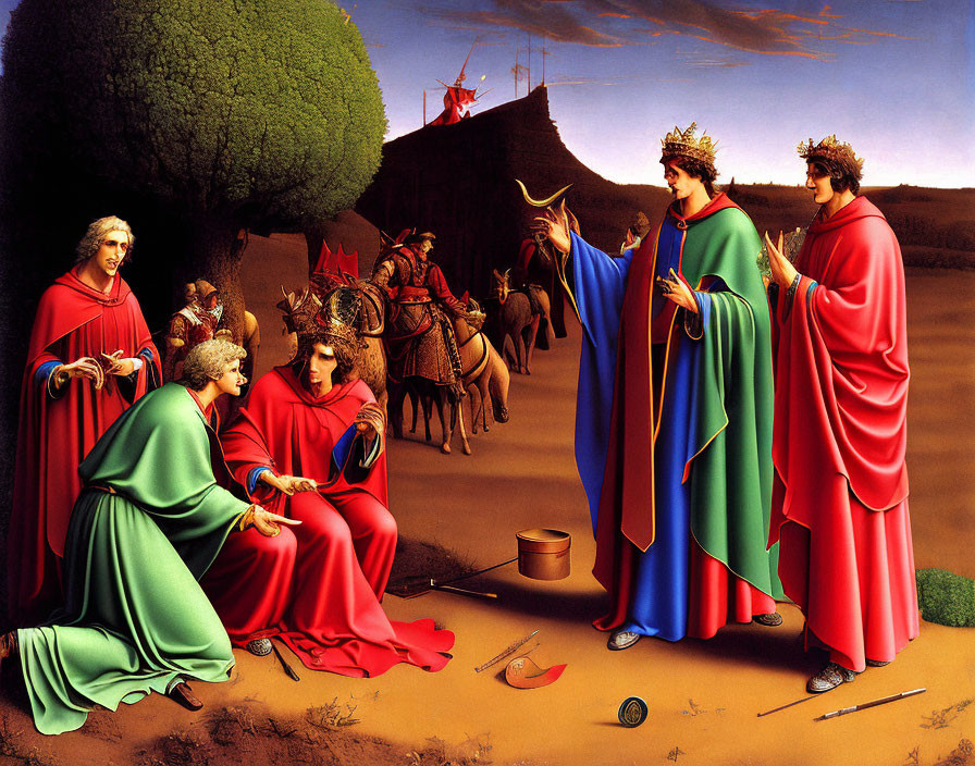 Painting of Three Kings Presenting Gifts Under Blue Sky