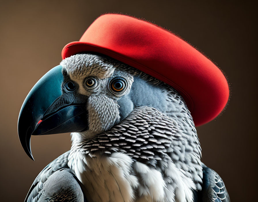 Gray Feathered Parrot Wearing Red Hat on Brown Background