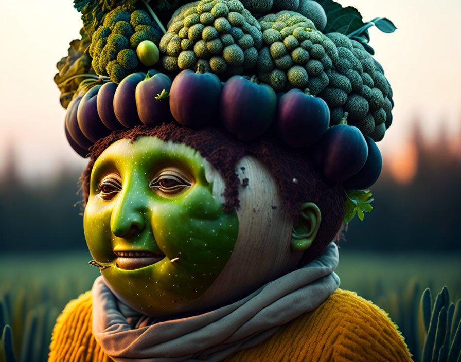 Person with Vegetable Head in Dusk Field