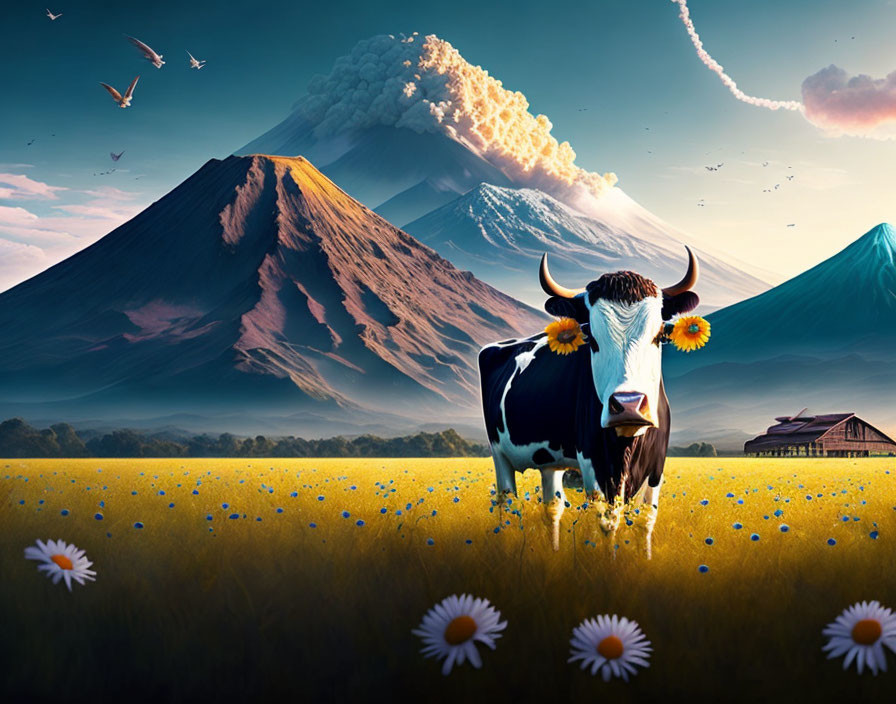 Colorful meadow scene with cow, daisies, barn, volcano, and birds