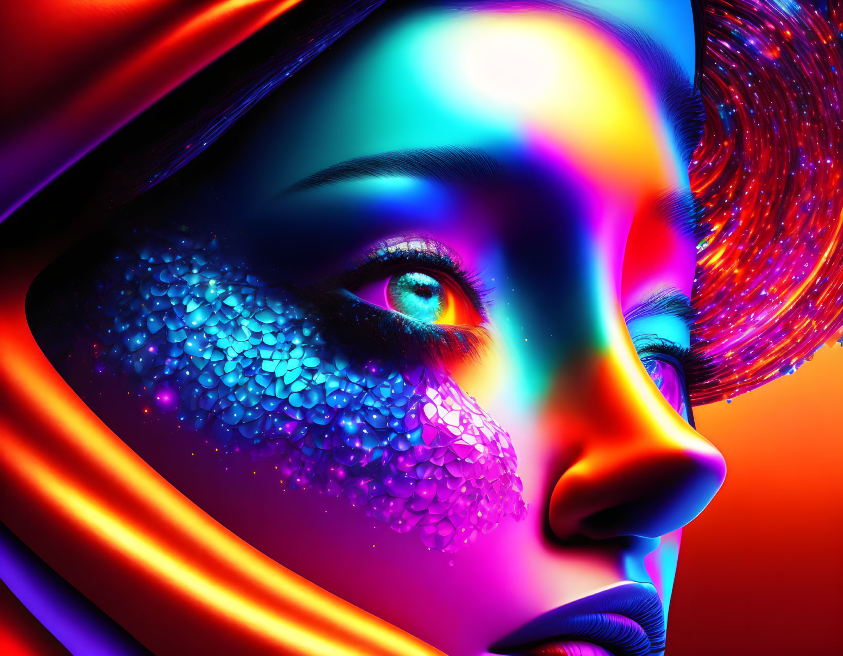 Colorful digital artwork of woman's face with dynamic lighting and textured makeup