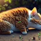 Orange and White Cat with Blue Eyes in Outdoor Setting with Greenery and Purple Flowers