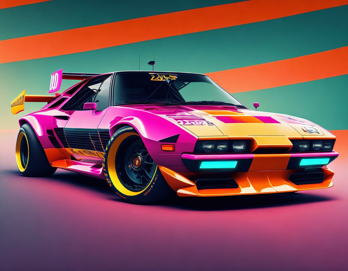 Vibrant retro-futuristic sports car on striped teal background