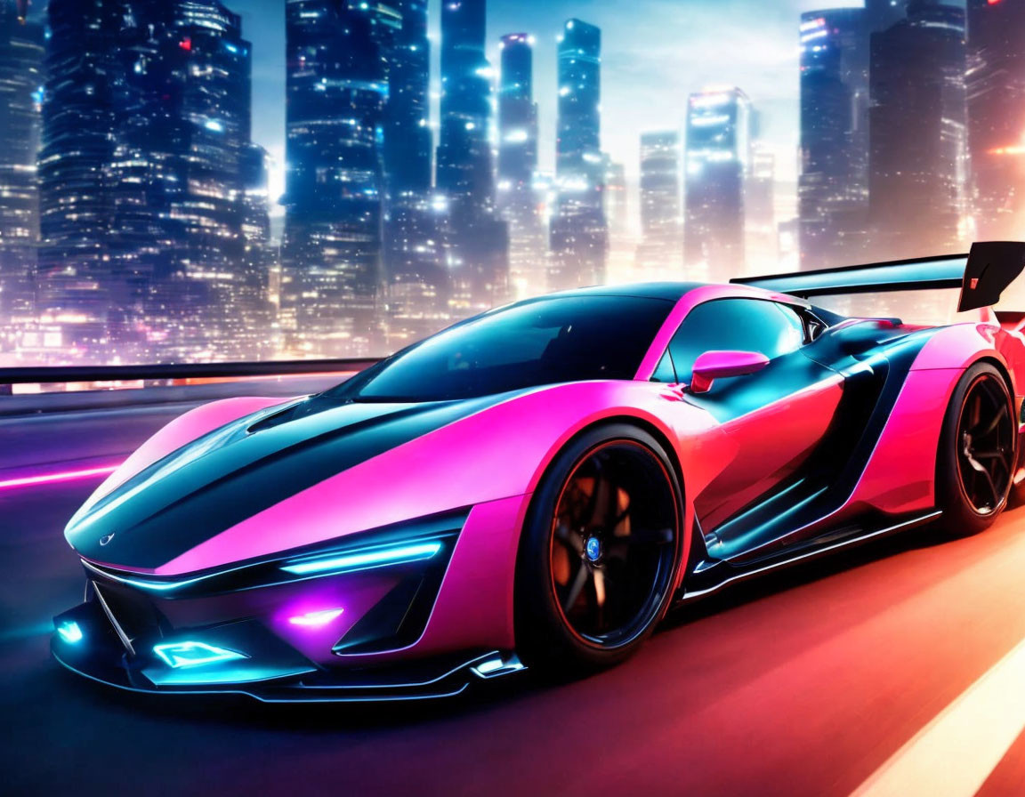 Vibrant Pink and Blue Sports Car in Futuristic Cityscape at Dusk